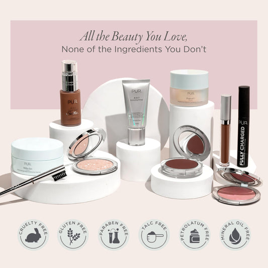 PÜR MINERALS Multitasking Essentials Kit, Medium Dark - Makeup Gift Set Includes 4-in-1 Correcting Primer, Fully Charged Mascara, 4-in-1 Pressed Mineral Powder & 1 Chisel Brush