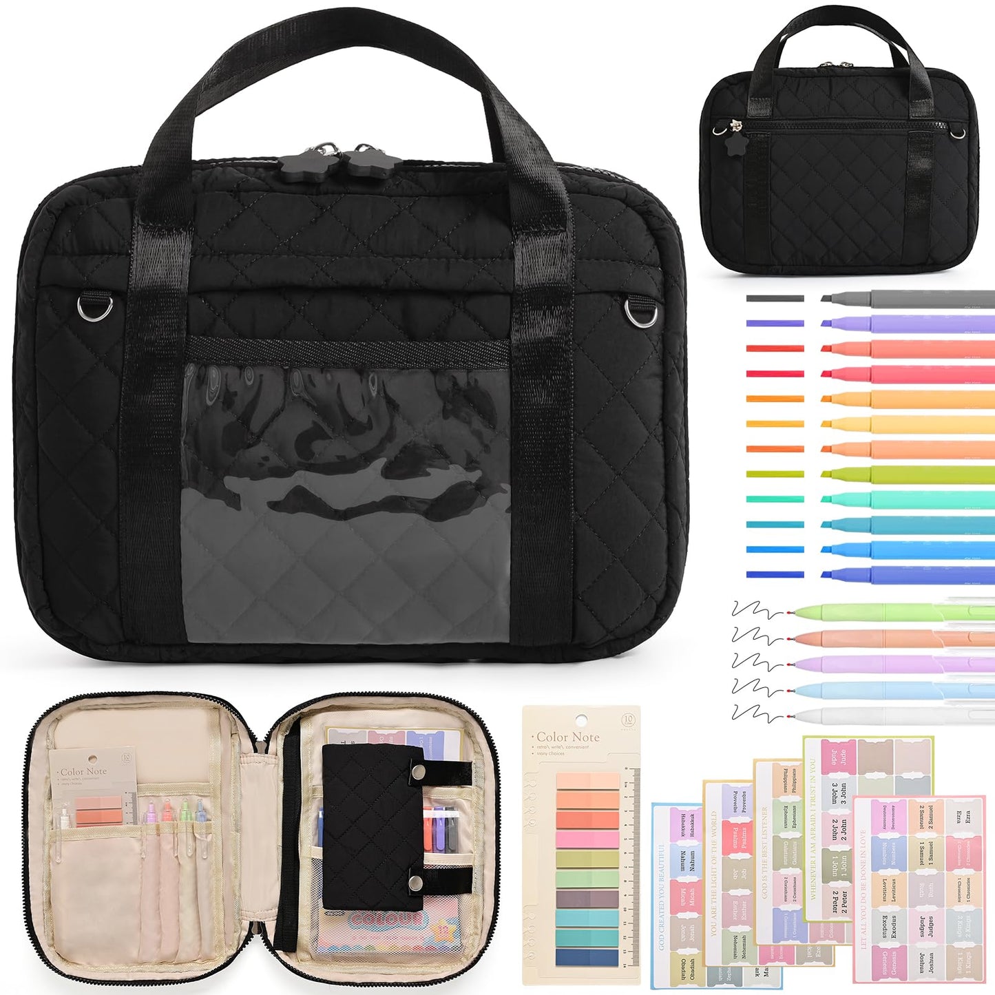 Quilted Bible Cover for Women, Zippered Bible Case with Handle, Bible Organizer Bag w/Multiple Pockets & Pen Slots Lightweight Bible Tote Bag for Church Study, Gifts for Women (Black)