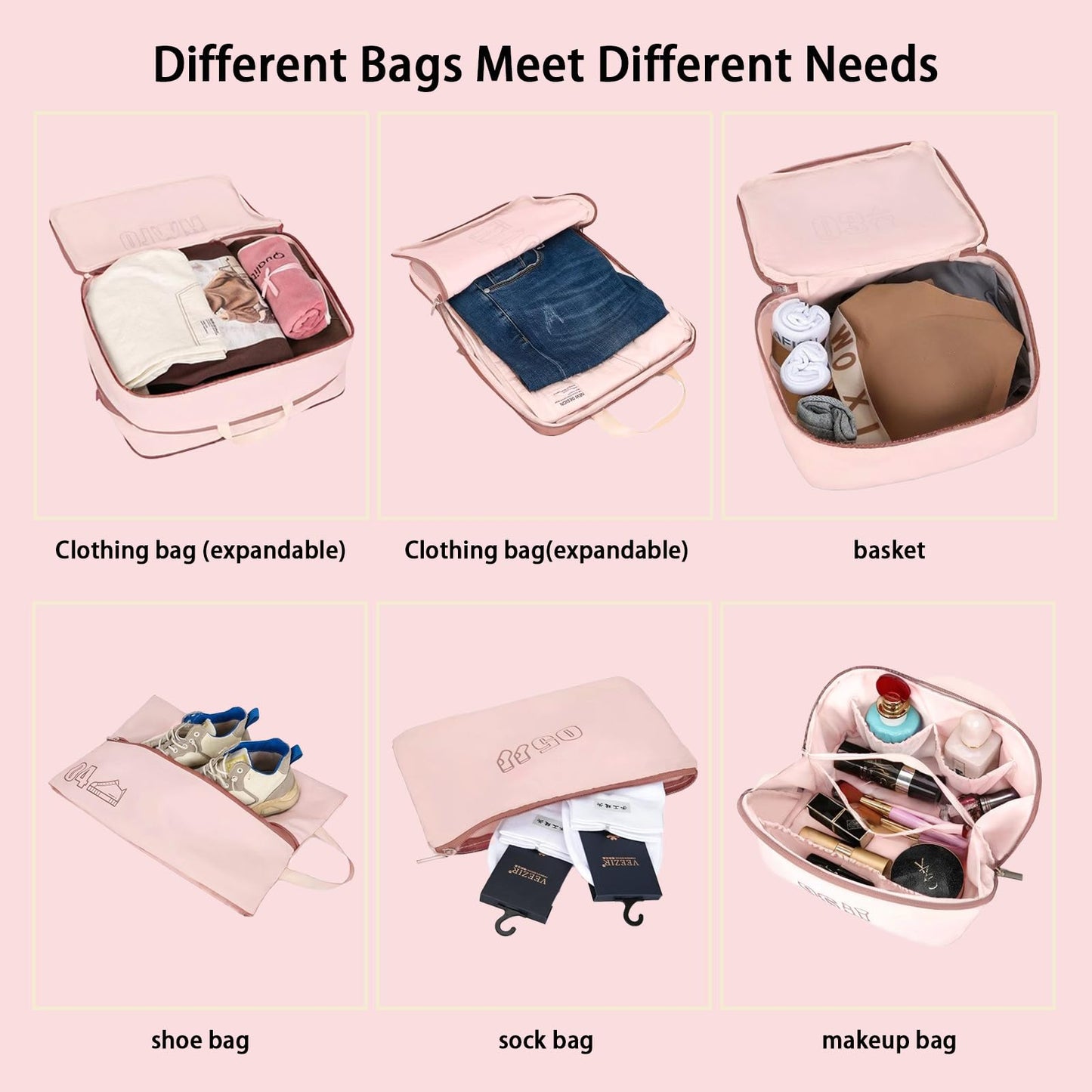 6 Set Compression Packing Cubes for Travel, Gifts for Women Mom, Anti-Tearing Suitcase Organizer for Luggage with Shoe & Hanging Toiletry Bag, Vacation Essentials & Accessories for Cruise Ship, Pink