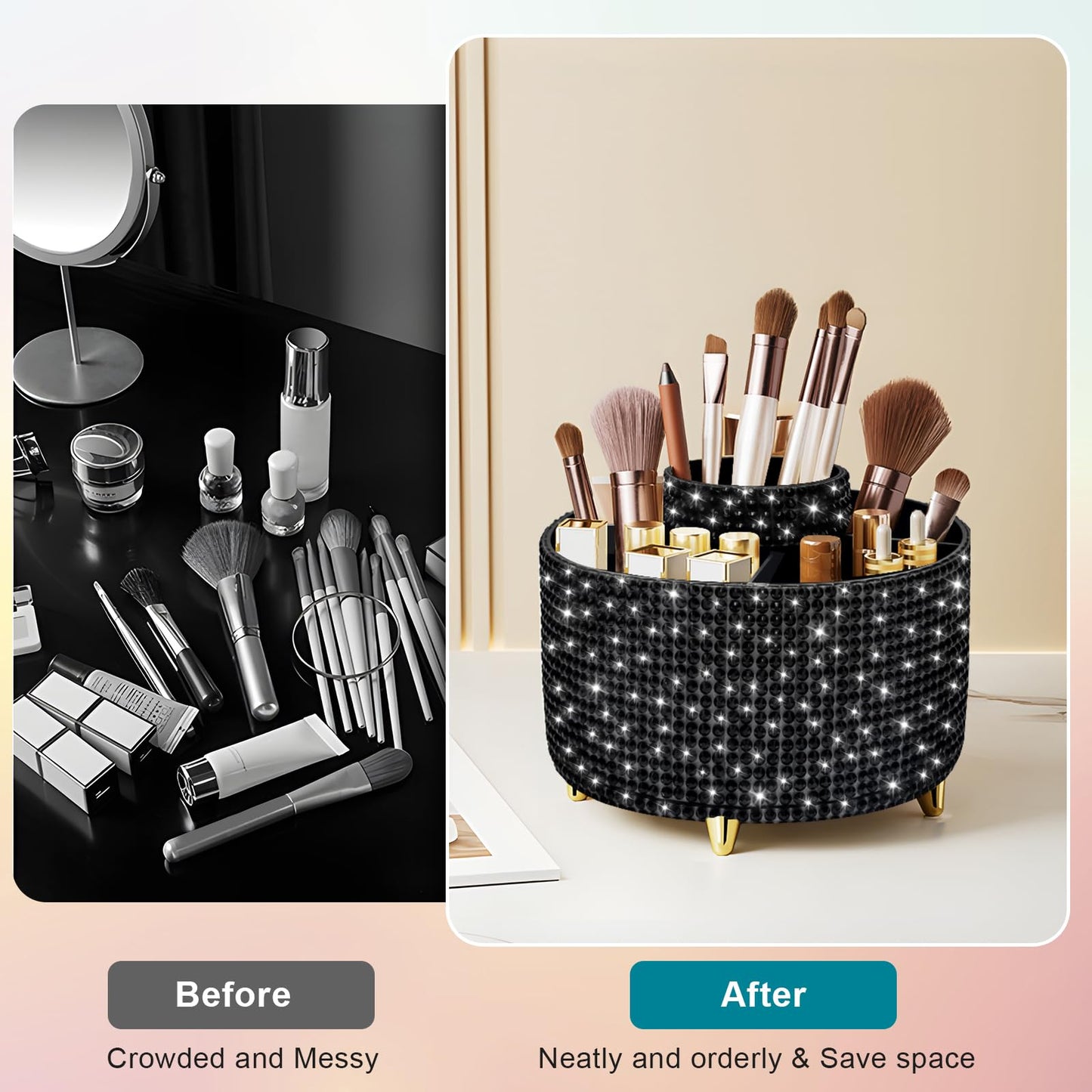 Diesisa Bling Diamond 360° Makeup Brush Holder Organizer, Rotating Makeup Brush Organizer,5 Slot Make up Brushes Cup for Cosmetics, Vanity Desktop Organizer, Gift for Women Teen Girls- Diamond Black