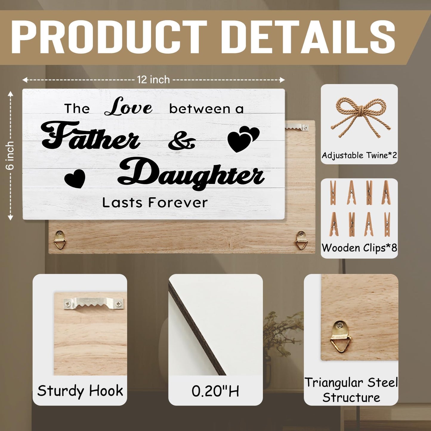 shiviody Dad and Daughter Picture Frame Photo Holder for Wall, Dad Daughter Gifts, the Love Between Father and Daughters Lasts Forever Photo Hanging Display Picture Board for Wall Decor