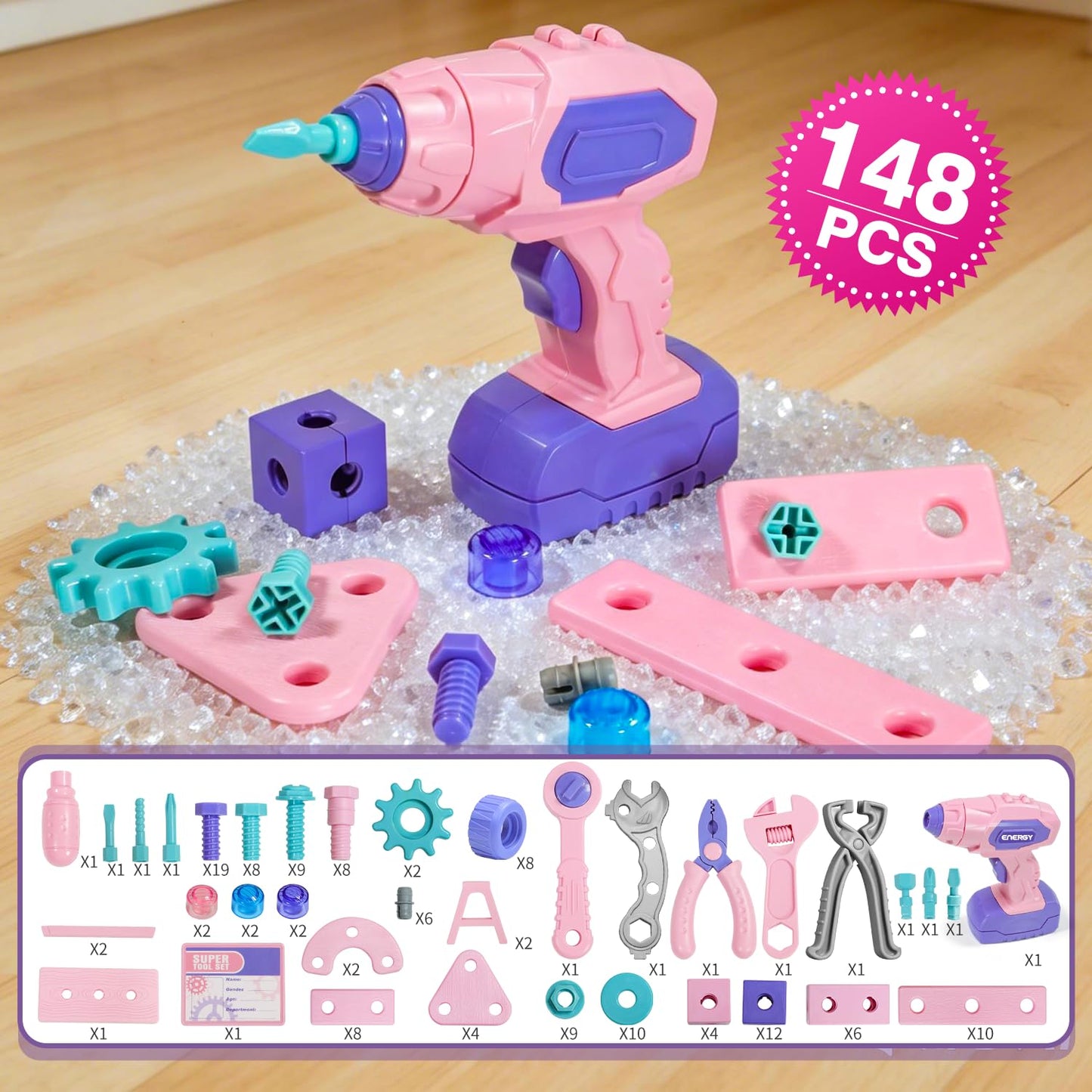 Pink Kids Tool Set for Girls,Toddler Tool Set with Drill &Toolbox,STEM Montessori Toys for 3 4 5 Year Old,Pretend Play Kid Toy,Educational Construction Toy for 3-6 Year Old Girl,Birthday Gift for Kids