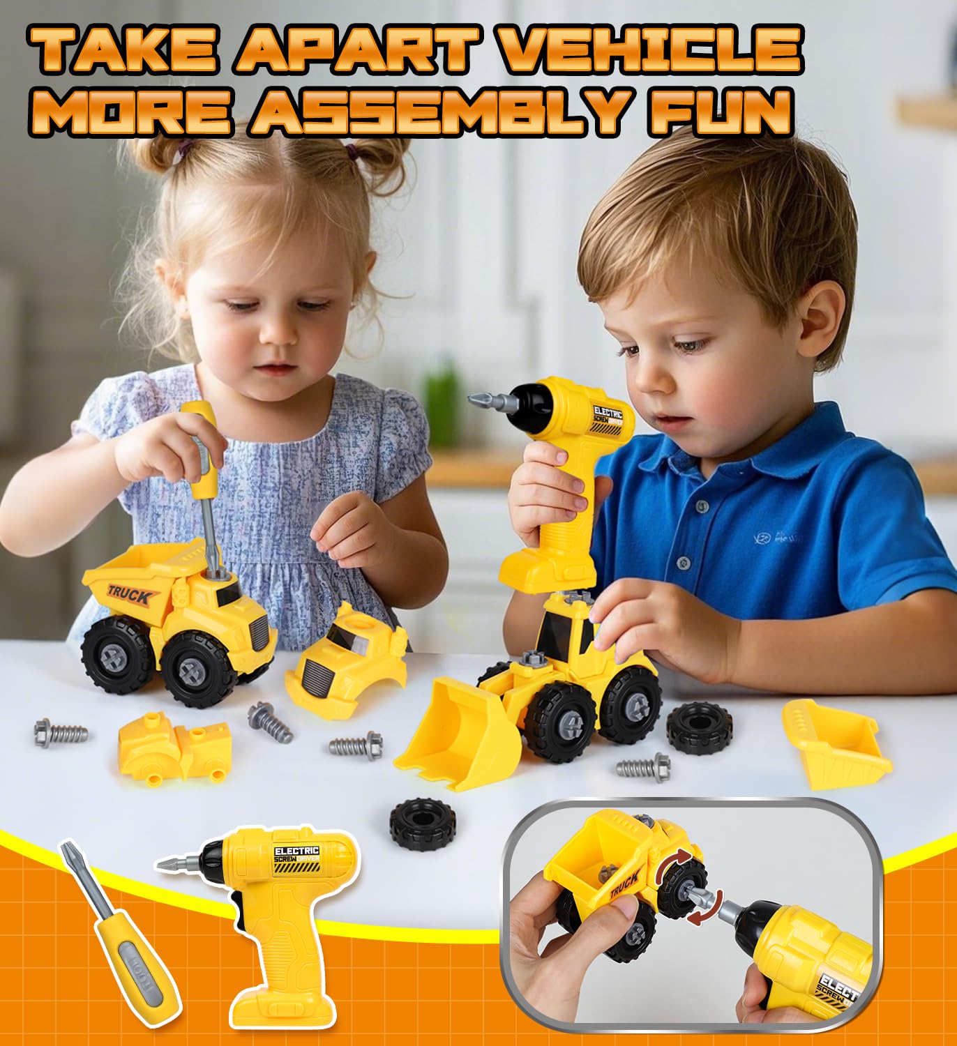 Lehoo Castle Kids Tool Bench with Electric Drill and Construction Vehicles, 2-in-1 Workbench and Toolbox for Toddlers, STEM Learning Toys for Age 3-5, Birthday Gift for Boys & Girls