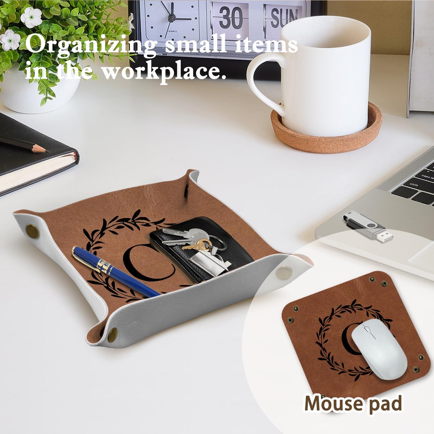 Dilemat Gifts for Men Initial Valet Tray,Personalized Gifts for Dad Husband Boyfriend Grandpa,Nightstand Desk Accessories PU Leather Tray Organizer for Birthday Christmas Ideas (C)