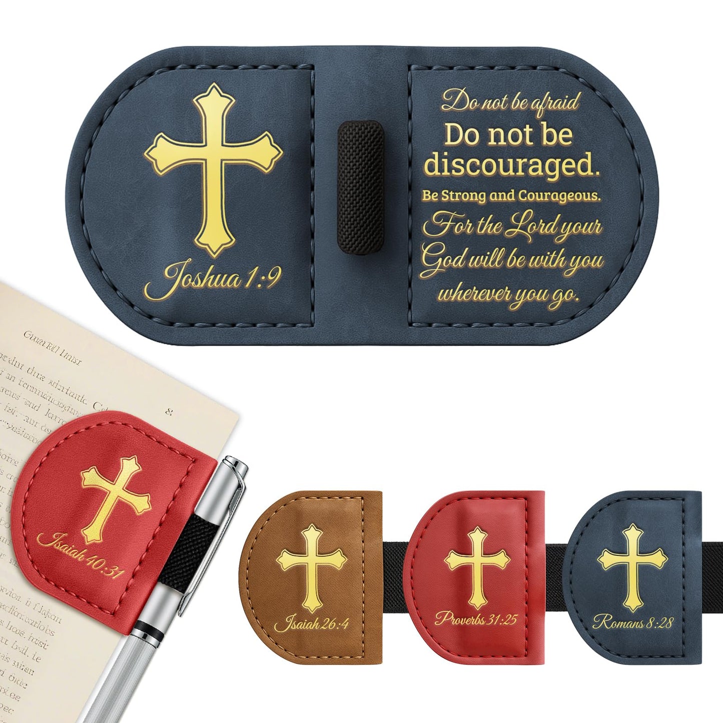 Personalized Magnetic Leather Bookmark with Pen Holder - Bygone Mark Custom Bible Verse Bookmarker,Book Marker for Men & Women,Book Lovers,Readers,Church(Blue,Joshua 1:9)
