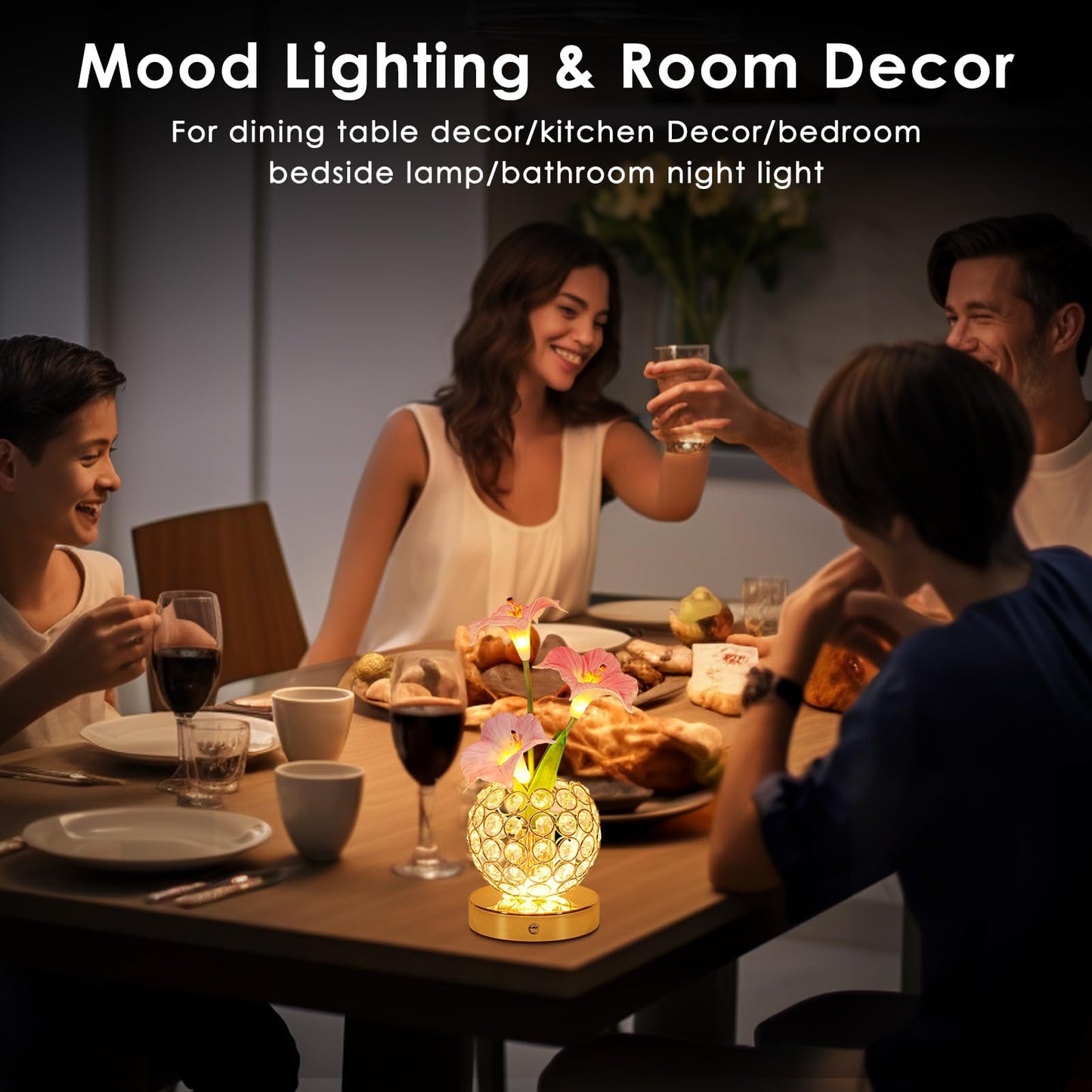 Pink Morning Glory Flowers Table Lamp, Rechargeable Cordless Touch Artificial Flower Crystal Lamp, Kitchen Bedroom Office Decor House Night Light, Birthday Gifts for Women Mom