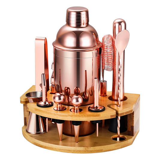 Cocktail Shaker Set Bartender Kit with Stand, 12 Piece Bar Set Drink Mixer Set with Stainless Steel Bar Accessories Tools: 25oz Martini Shaker Jigger Strainer Spoon Muddler for Cocktails (Rose Gold)