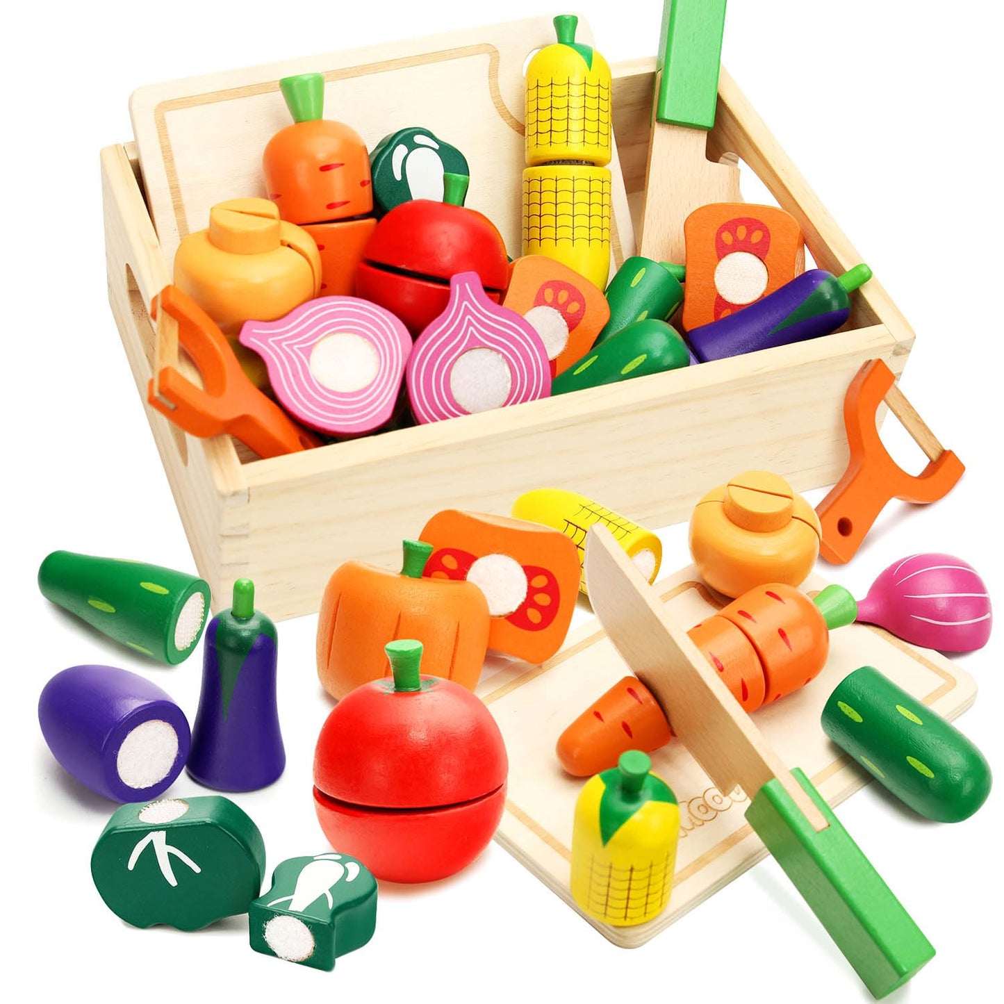 Wooden Play Food Set for Toddlers Toys Pretend Play Kitchen Accessories Veggies Cutting Set for Kids Gift for Boys Girls Montessori Educational Toys