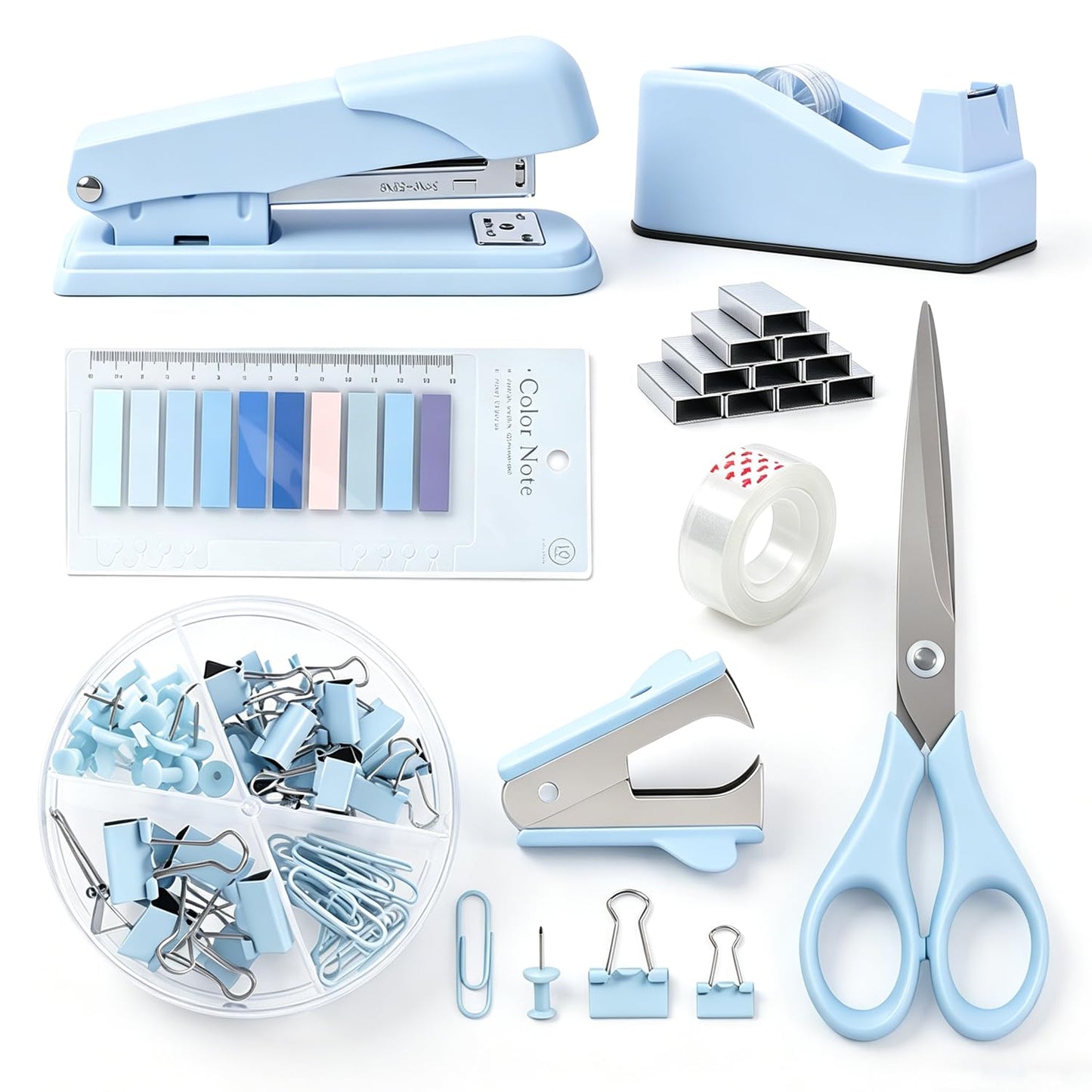 All-in-One Desk Accessories Kit, Office Supplies Set with Stapler Tape Dispenser Scissors Staple Remover Staples Clips & Push Pins, Aesthetic Stationery Organizer for School Student Home - Pastel Blue