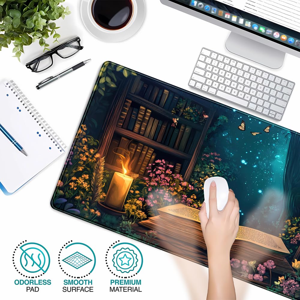 Gothic Desk Mat Gaming Desk Pad Blue Forest Large Mouse Pad, Mysterious Library Mouse Mat XXL Laptop Keyboard Pad, Vintage Gamer Mouse Pad Full Mousepads for School Office Home 31.5"x15.7"