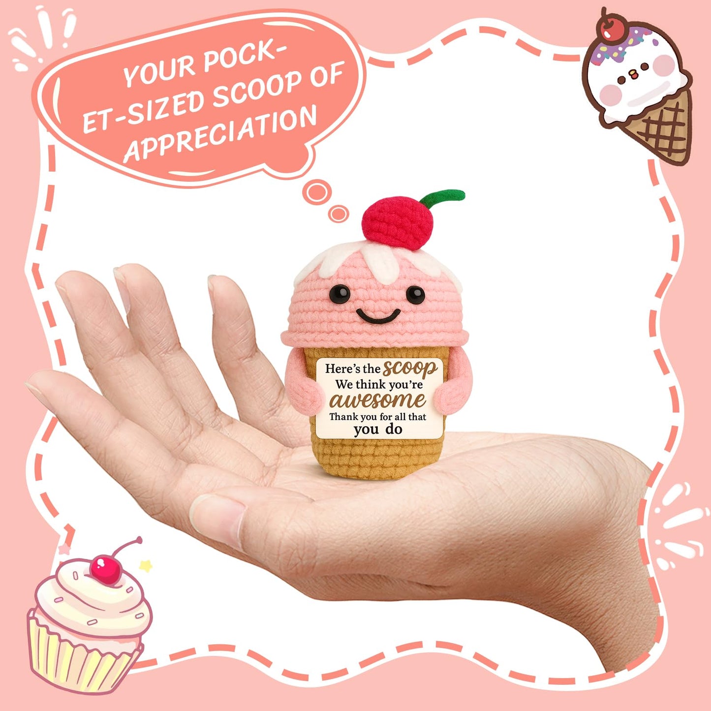 zavvoolly Employee Appreciation Gifts for Women Coworkers - Funny Positive Crochet Ice Cream Desk Decor - Thank You Farewell Going Away Gift for Friend, Nurse, Teacher, Team