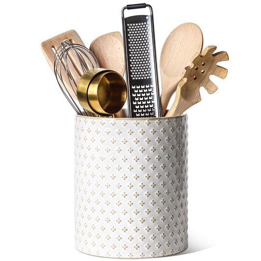 LE TAUCI Utensil Holder for Kitchen Counter - 7.1" Large Ceramic Kitchen Utensil Holder, Embossed Cooking Utensil Crock for Spatula, Spoon - Farmhouse Kitchen Decor & Organizer, White, Clover