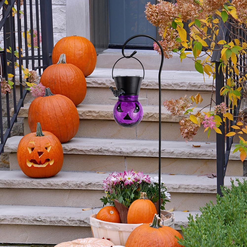STARSOUL Halloween Solar Lanterns Purple Ghost and Bat, Hanging Solar Halloween Decorations, Halloween Solar Lights for Outdoor Garden Patio, Gifts for Women Grandma (with Shepherd Hook)