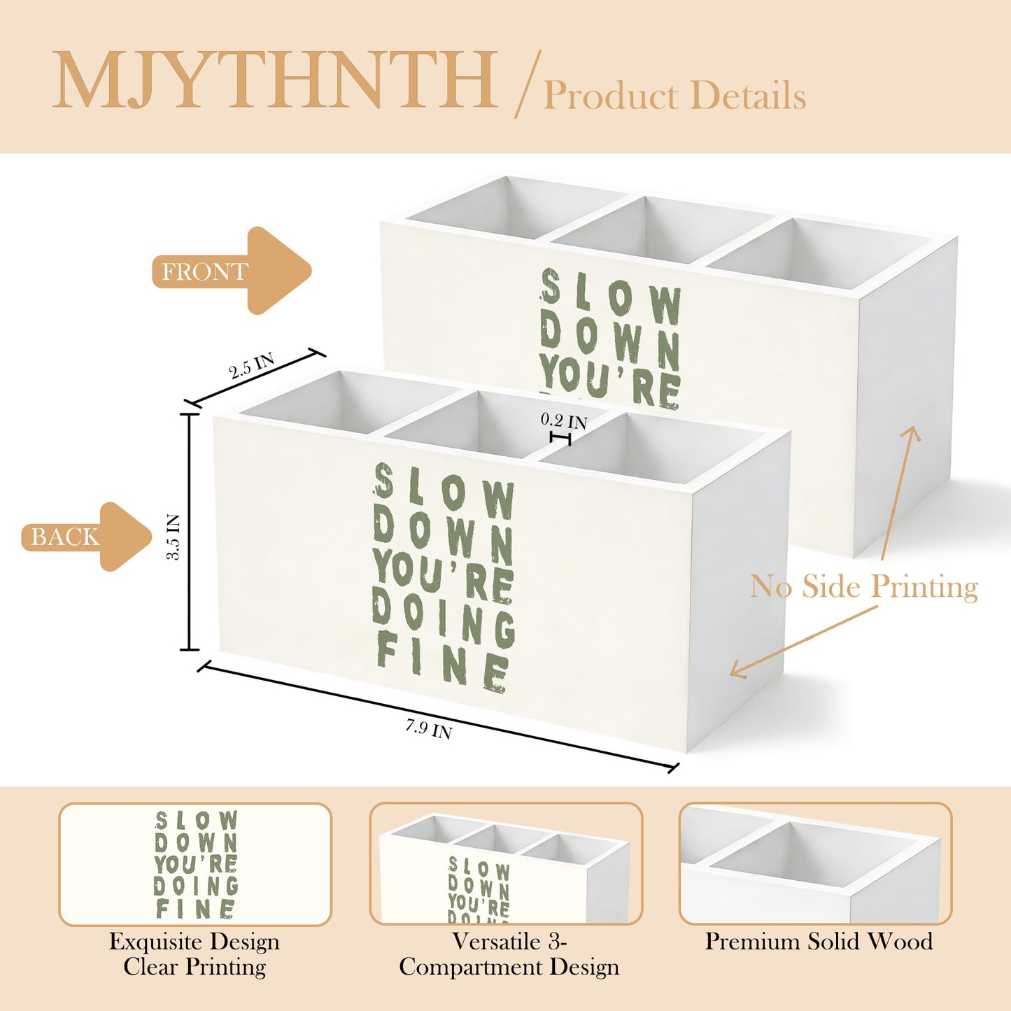 MJYTHNTH Sage Green Inspirational Pencil Pen Holder for Desk, Slow Down You're Doing Fine Motivational Wooden Box Sign Pen Holder Organizer for Home Office Desk Accessories