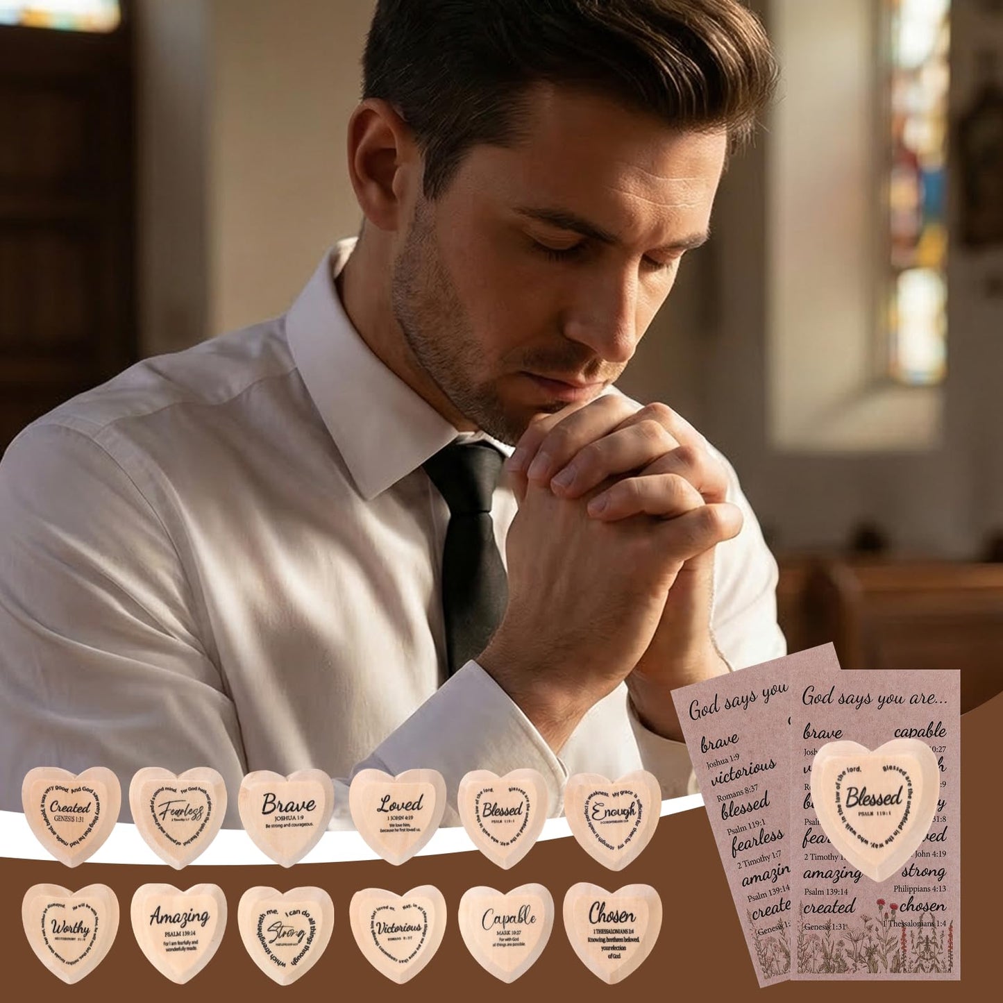 48 Set God Says You are Wood Heart Small Christian Gifts Bulk Religious Gifts Pocket Heart Token with Bible Verse Word Holy Week Affirmation Church Gift for Adults Sunday School Easter Supplies