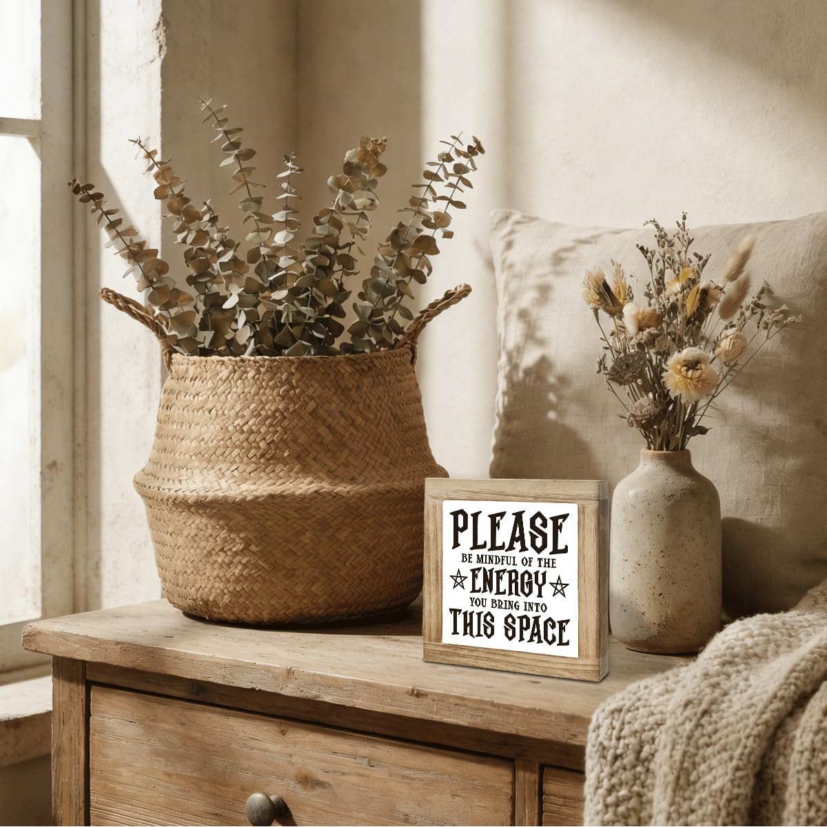 Please Be Mindful of The Energy You Bring into This Space Sign, Country Style Wooden Box Sign, Interesting Home Decoration for Desktop Shelf Gift for Friends 5.9X5.9X0.7 inches
