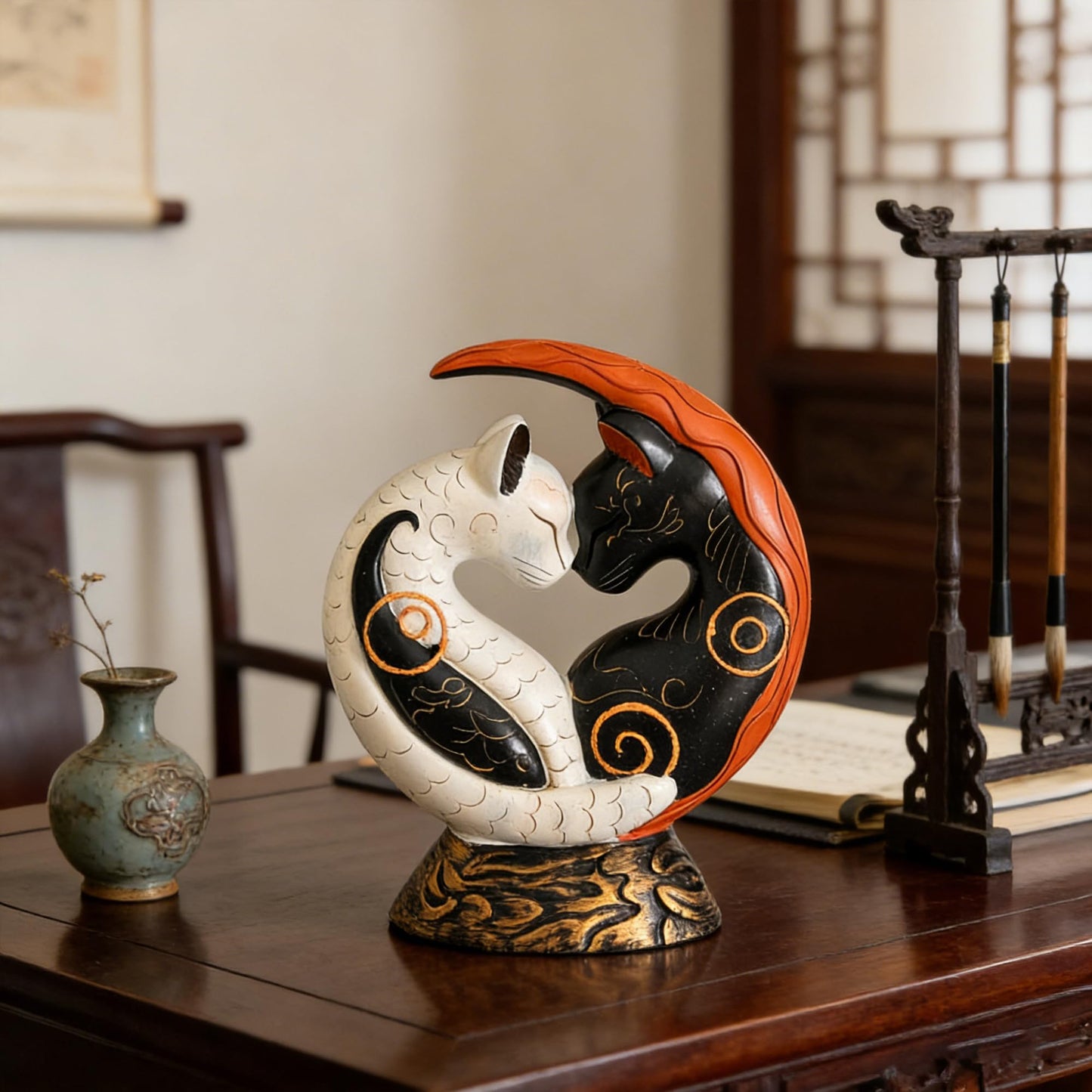 JNMYHM Black and White Yin Yang Cat for Home Decor, Cat Figurines Resin Room Decoration, Retro Cats Animal for Bookshelf Office Table, Gifts for Women Mom Cat Lovers