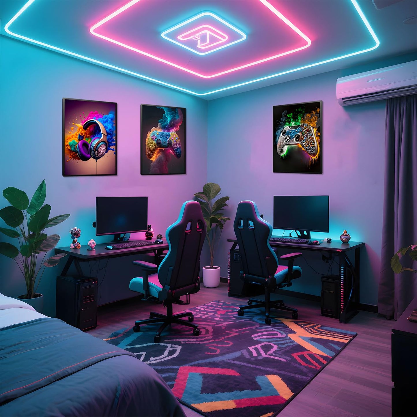 SEHSUVC Game Room Canvas Wall Art, 16x12inch 3-Piece set Wood Framed + 6 Pcs 8×10 Posters Prints, Neon Gaming Accessories Theme Gamer Wall Decor Gifts for Boys Youth Children Bedroom Home Decor