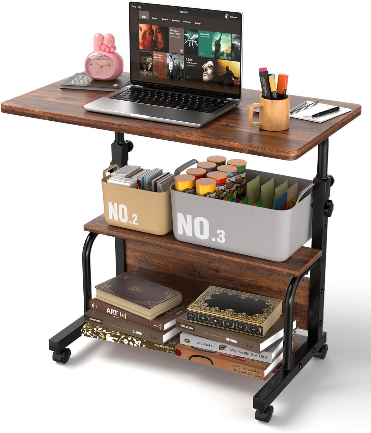 QZMDSM Portable Rolling Desk on Wheels Adjustable Height Desks for Small Spaces, 32" Computer Desk Drafting Tables with Storage Shelves for Home Office Rustic