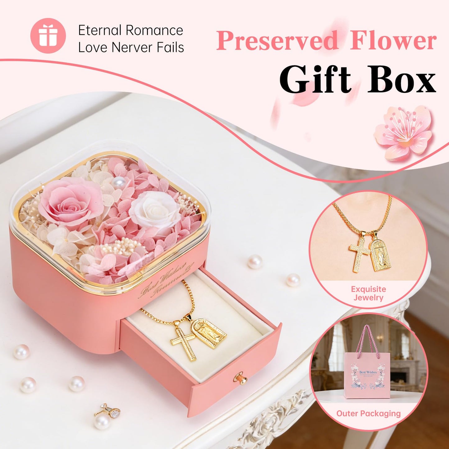 Preserved Pink Rose with Cross Golden Necklace,Eternal Rose Gift Set in Premium-Quality Pink Gift Box,Atmospheric Pink Setting for Mother’s Day,Birthday,Anniversary,Graduation,Valentine’s Day