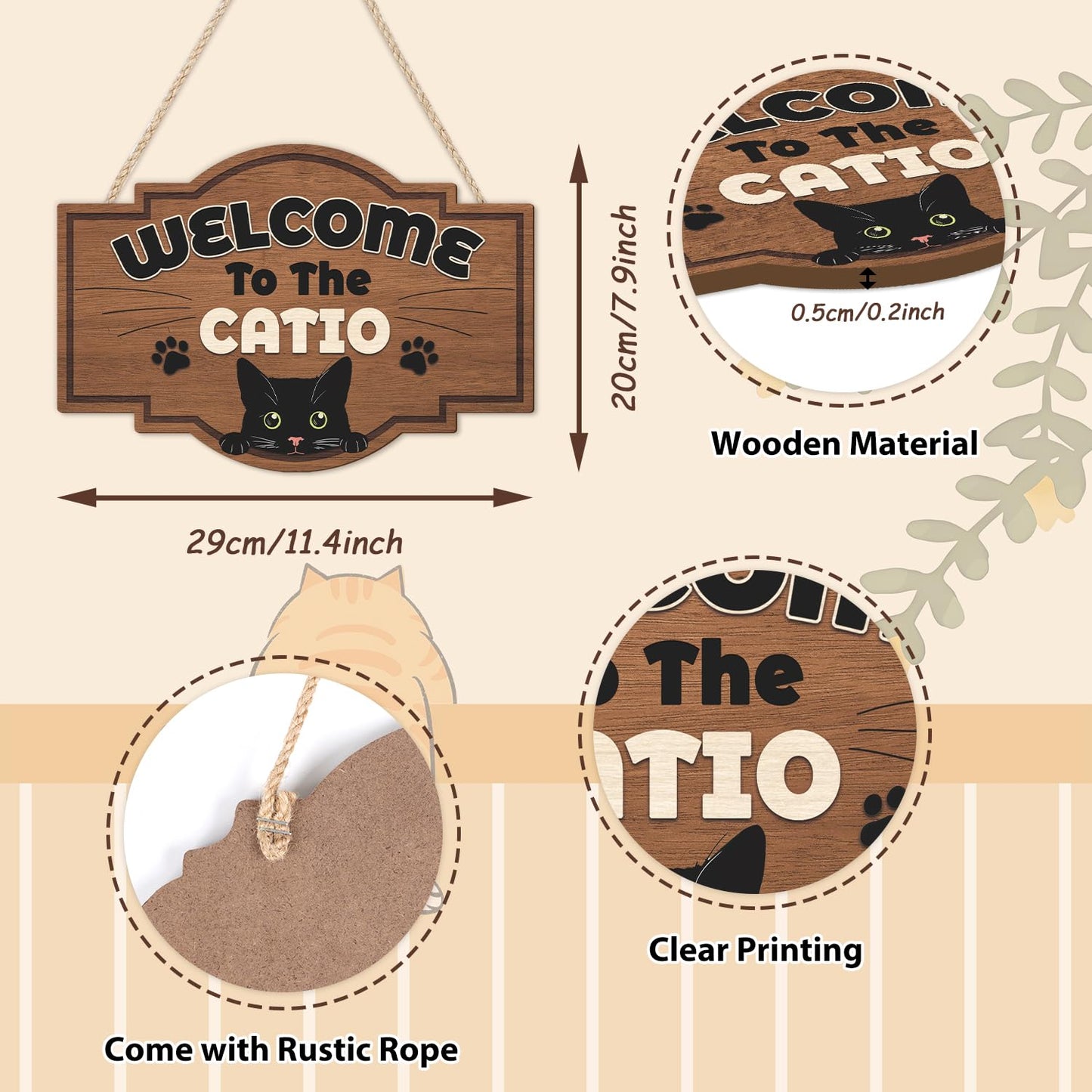 HLNIUC Welcome To The Catio Wood Sign(11”x8”) Funny Black Cats Wall Decor,Cute Black Cat Door Signs,Cats Home Porch Hanging Plaque,Animal Welcome People Tolerated Sign for cat Lover Front Door