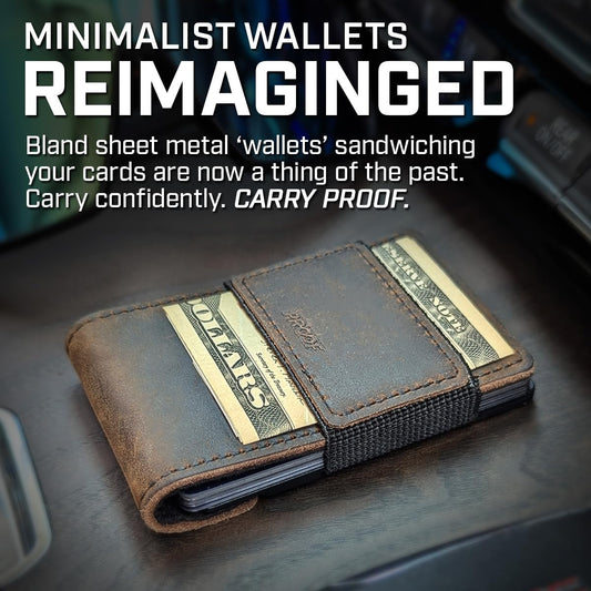 PROOF Wallet | Slim Minimalist Wallets for Men | Leather & Metal | RFID Wallet | Front/Back Pocket | Gift Box | Veteran Owned (Founder (Brown Leather | Dark Gun Metal))