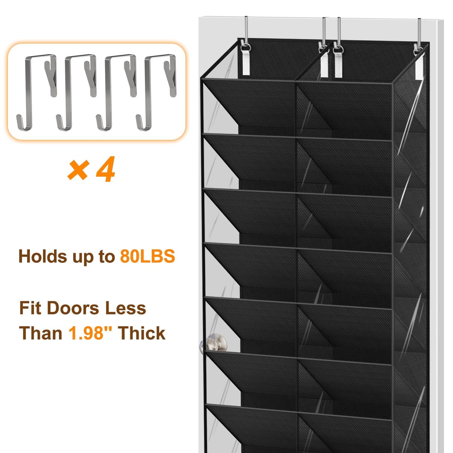 UVIAHOMI 20-30 Pairs Over the Door Shoe Organizer, Clear Pockets Hanging Shoe Storage for Closet, 10-Tier Door Shoes Rack, Handing Shoes Holder Fit All the Family's Sneakers, Boots, Heels, Black
