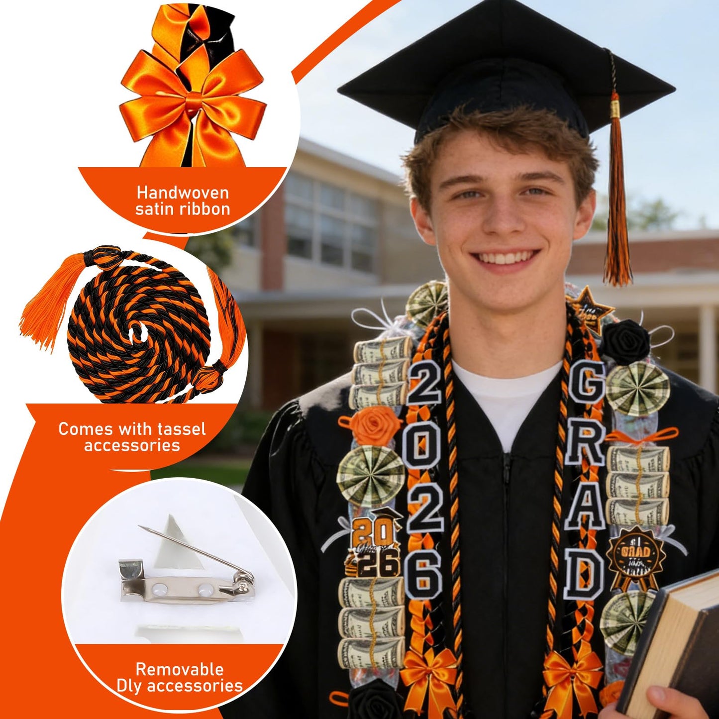 Hamdwerk 26Pcs 2026 Graduation Candy Leis Making Kit, Class of 2026 Graduation Ribbon Lei, Double Braided Necklace Decorations with Flower Patches Honor Cord for DIY Graduate Gifts Party Supplies