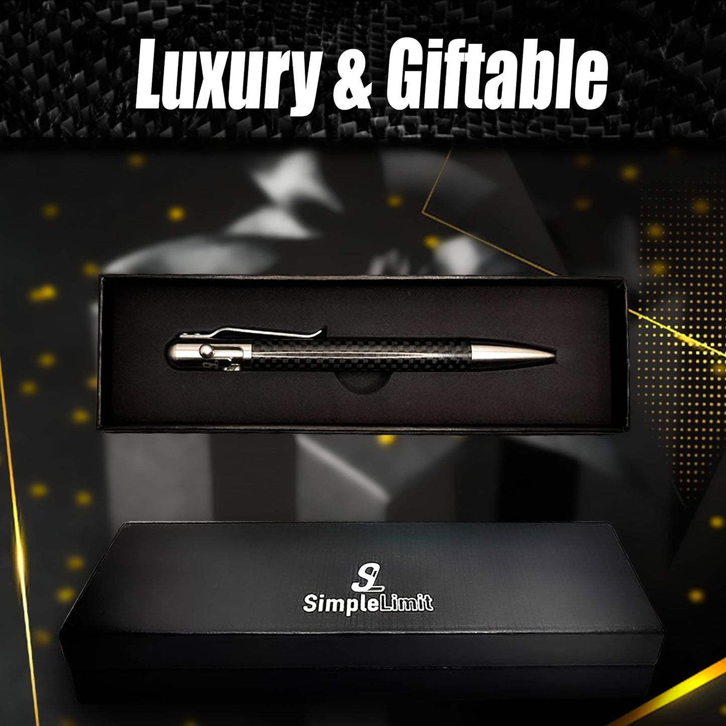 SL Simple Limit Bolt Action Carbon Fiber Ballpoint Pen with Gift Box – Luxury Stainless Steel Executive Writing Pen, Smooth Fine Point Black Ink, Professional EDC Pen for Men & Women