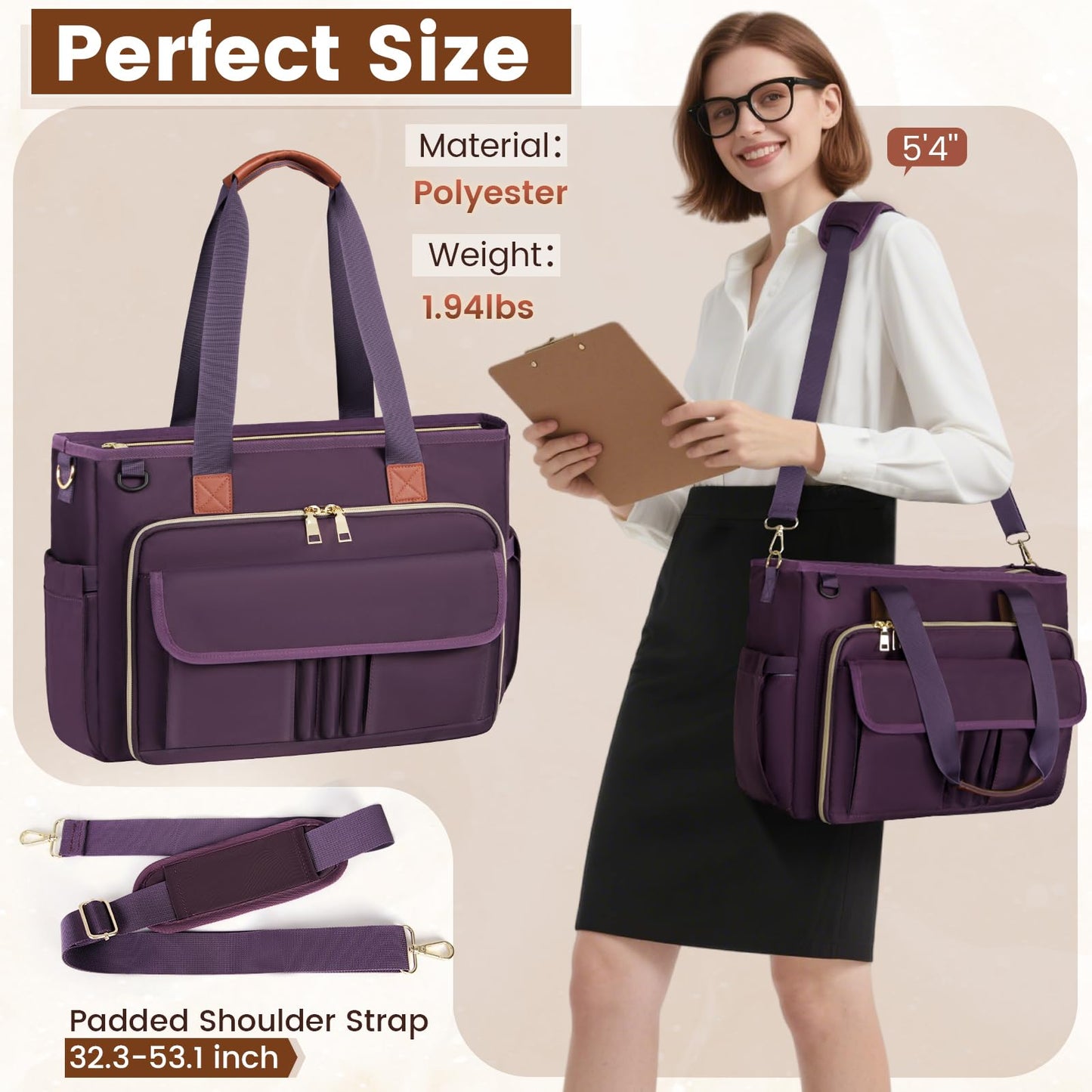 RAINSMORE Teacher Tote Bag 15.6 inch Laptop Bag for Women Work Bags Nurse Bag Lightweight Laptop Tote Computer Messenger Shoulder Bags with Insulated Pocket, Professional Laptop Briefcase