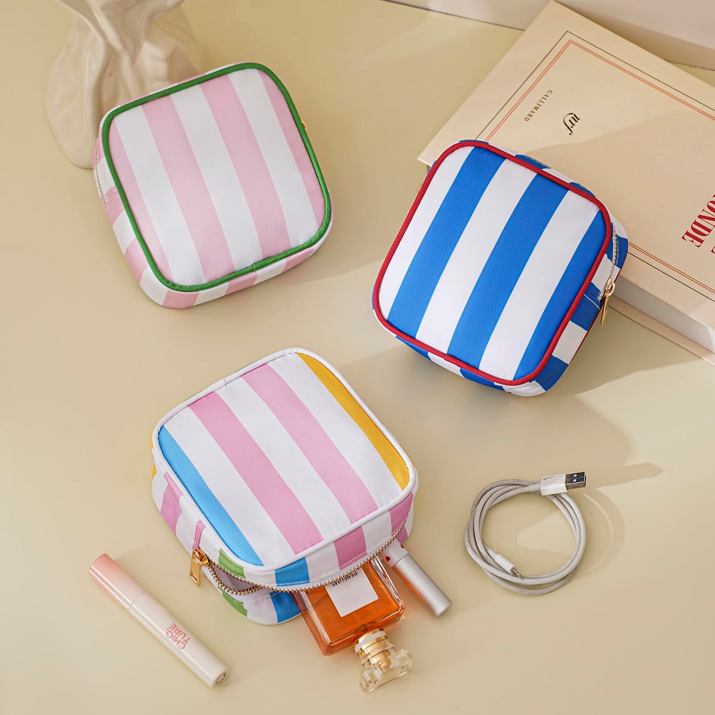 RSRSLEII Small Stripe Makeup Bag for Purse, Mini Cosmetics Bag with Zipper, Cute Cosmetic Pouch for Women Girls, Key Pocket Lipstick Pouch Card Holder Data Cable Organizer(06 Colorful Stripes)