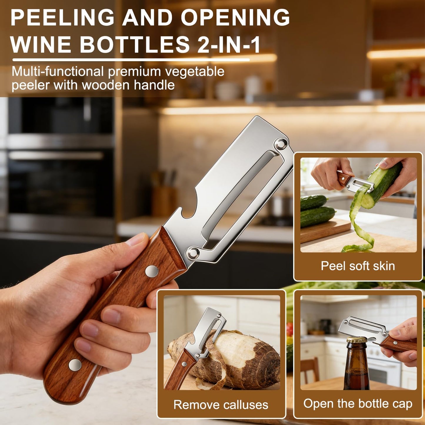 2pcs 2026 Upgrade Premium Vegetable Peeler with Wooden Handle and Bottle Opener, Multifunctional 3-in-1 Stainless Steel Kitchen Tool for Fruit Apple Potato Pumpkin Papaya