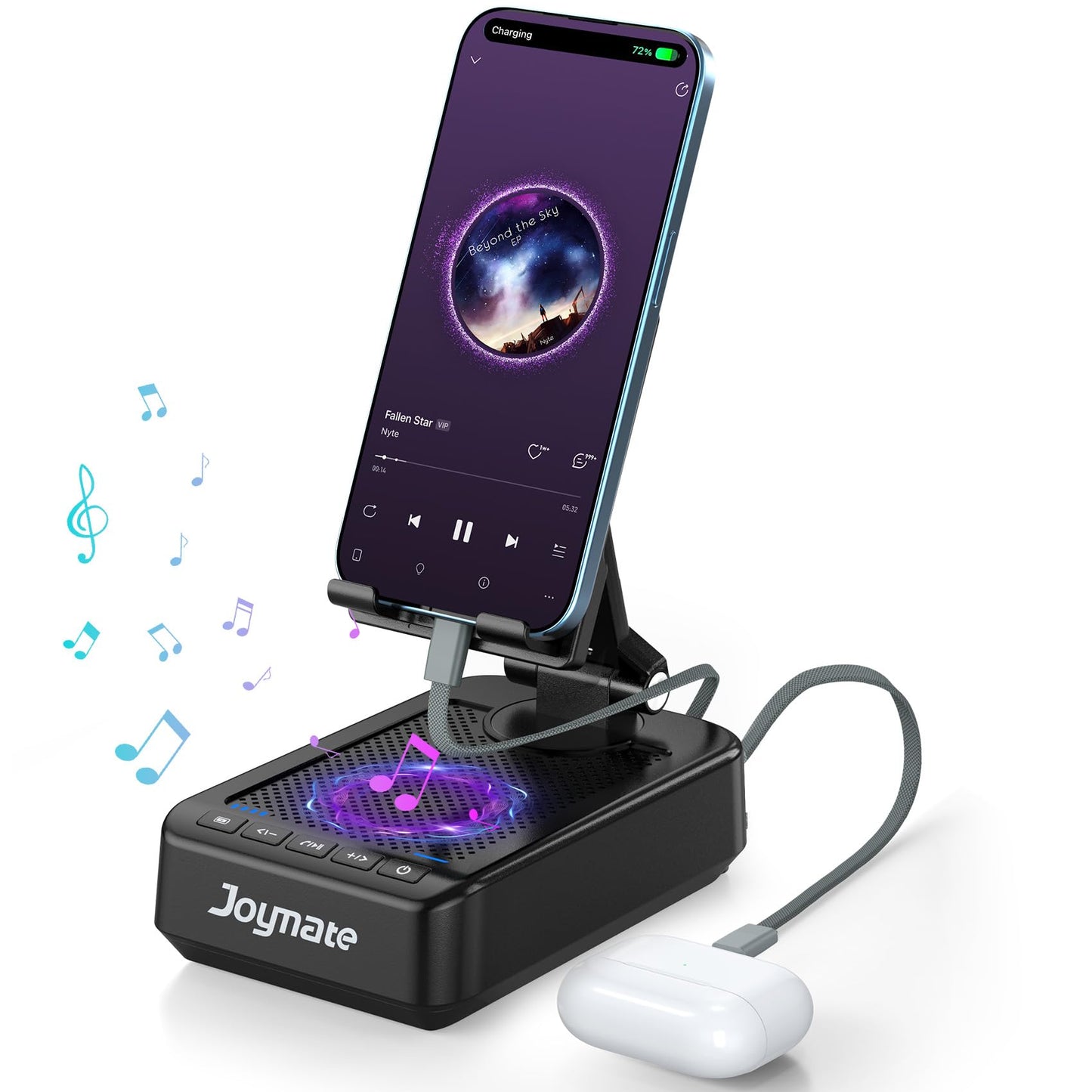 Joymate Gifts for Men Women, 10,000mAh Charging Phone Stand with Cables and Bluetooth Speaker, 360° Rotatable Angle Cell Phone Holder with HD Stereo Sound Fits Phones,Tablet (Black)
