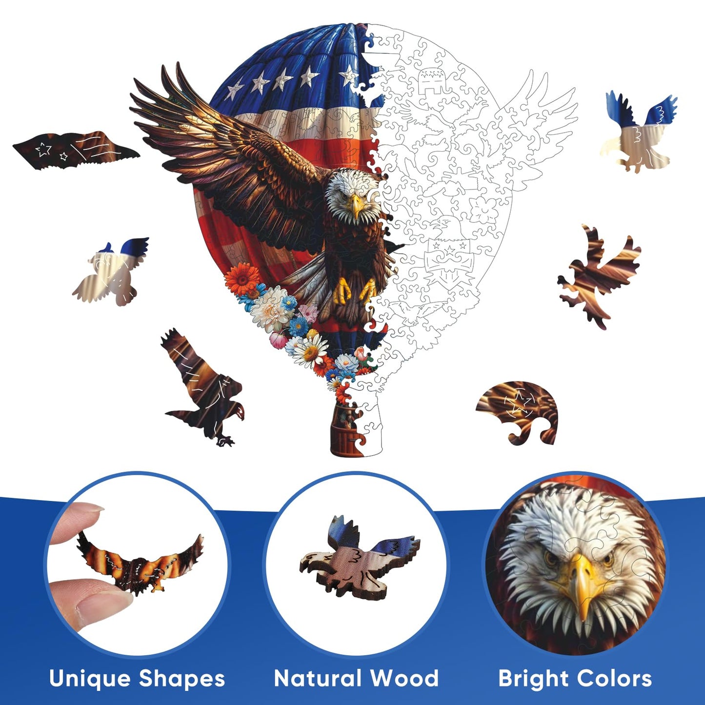 Pikoqunc Eagle Design Wooden Puzzles,190 Pieces 12.2x11.8 Inches,Laser-Cut Animal Jigsaw for Adults,Relaxing Brain Teaser with Exquisite Box for Friends and Family,Perfect Relaxing Art Puzzle Gift