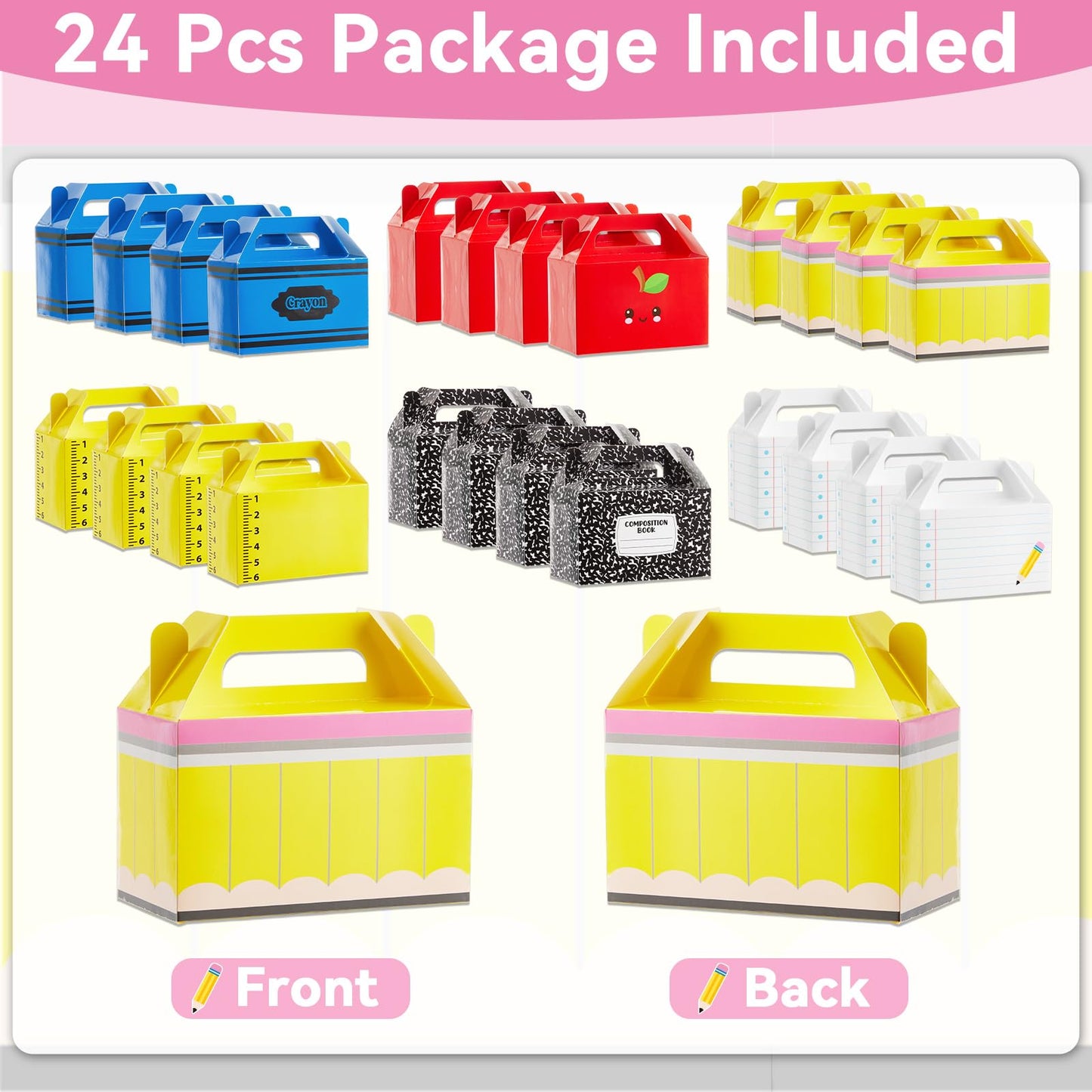 24Pcs Back to School Gift Boxes First Day of School Party Treat Boxes Pencil Crayon Apple Goodie Candy Box Teacher Appreciation Party Favor for Student Preschool Kindergarten Classroom Decorations