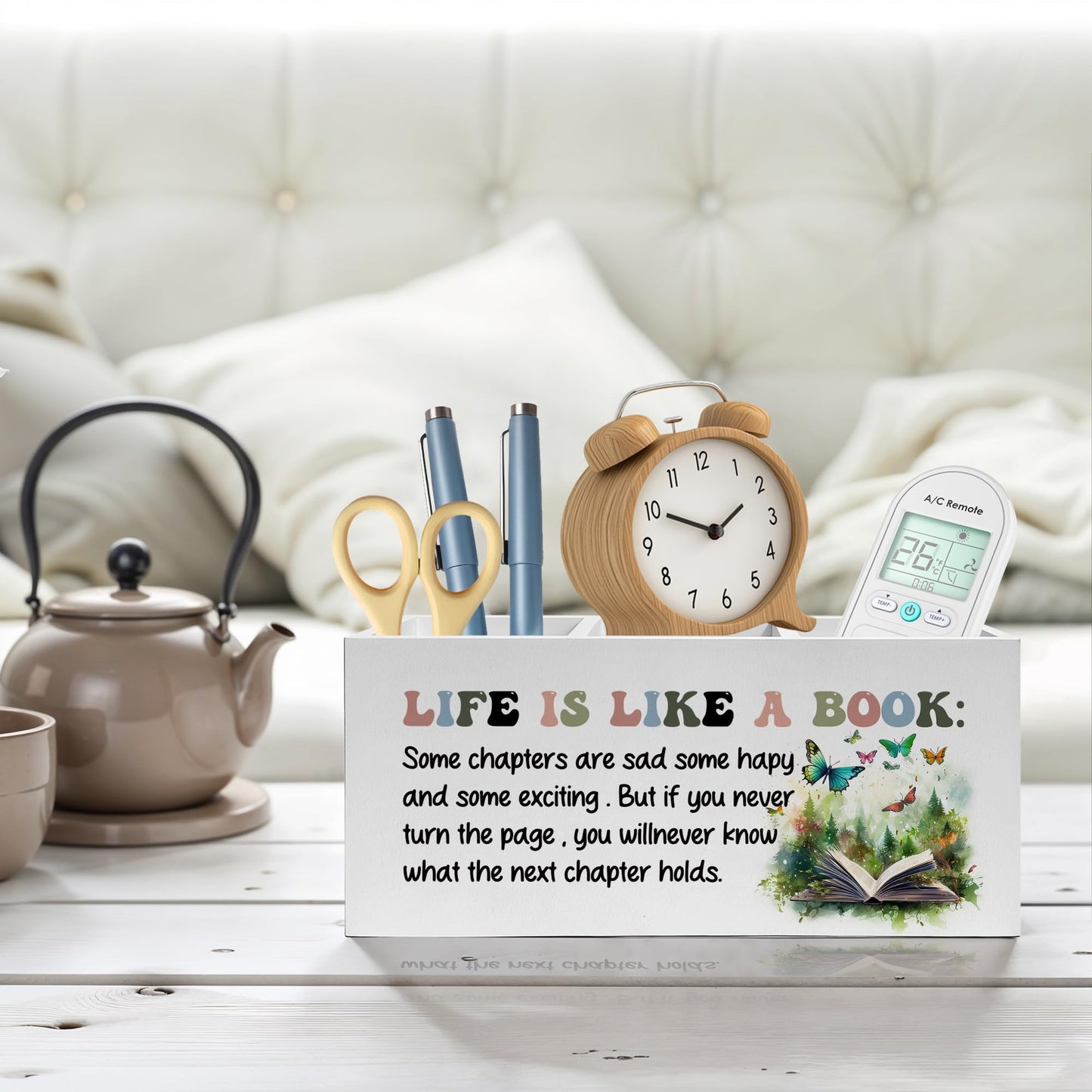 FITIE Inspirational Pencil Pen Holder for Desk, Life Is Like A Book Wooden Pencil Holder Organizer for Home Office Library Desk Accessories, Encouragement Gifts for Women