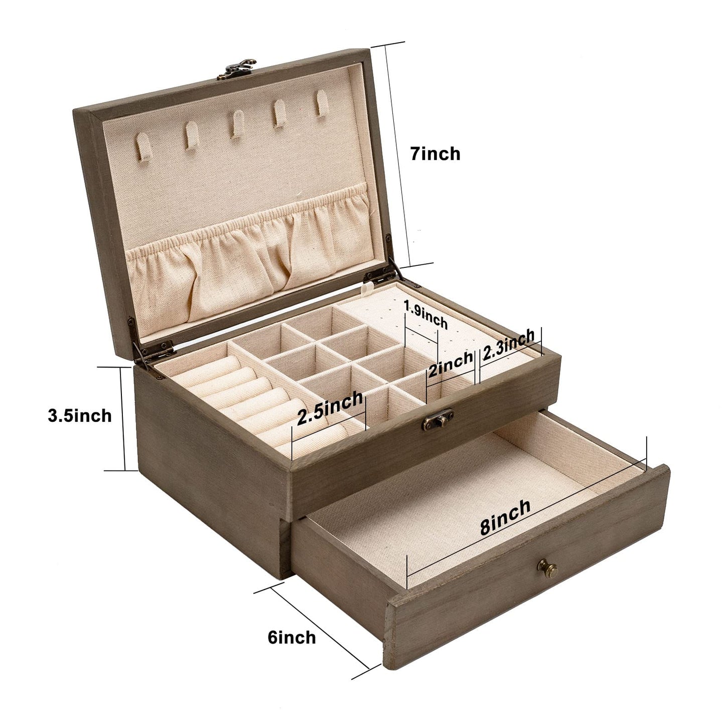 Pinzoveco Jewelry Box for Women, Rustic Wooden Jewelry Organizer Box for Storage Earrings Rings Necklace Bracelet, Farmhouse Style Wood Jewelry Boxes & Organizers (Gray)