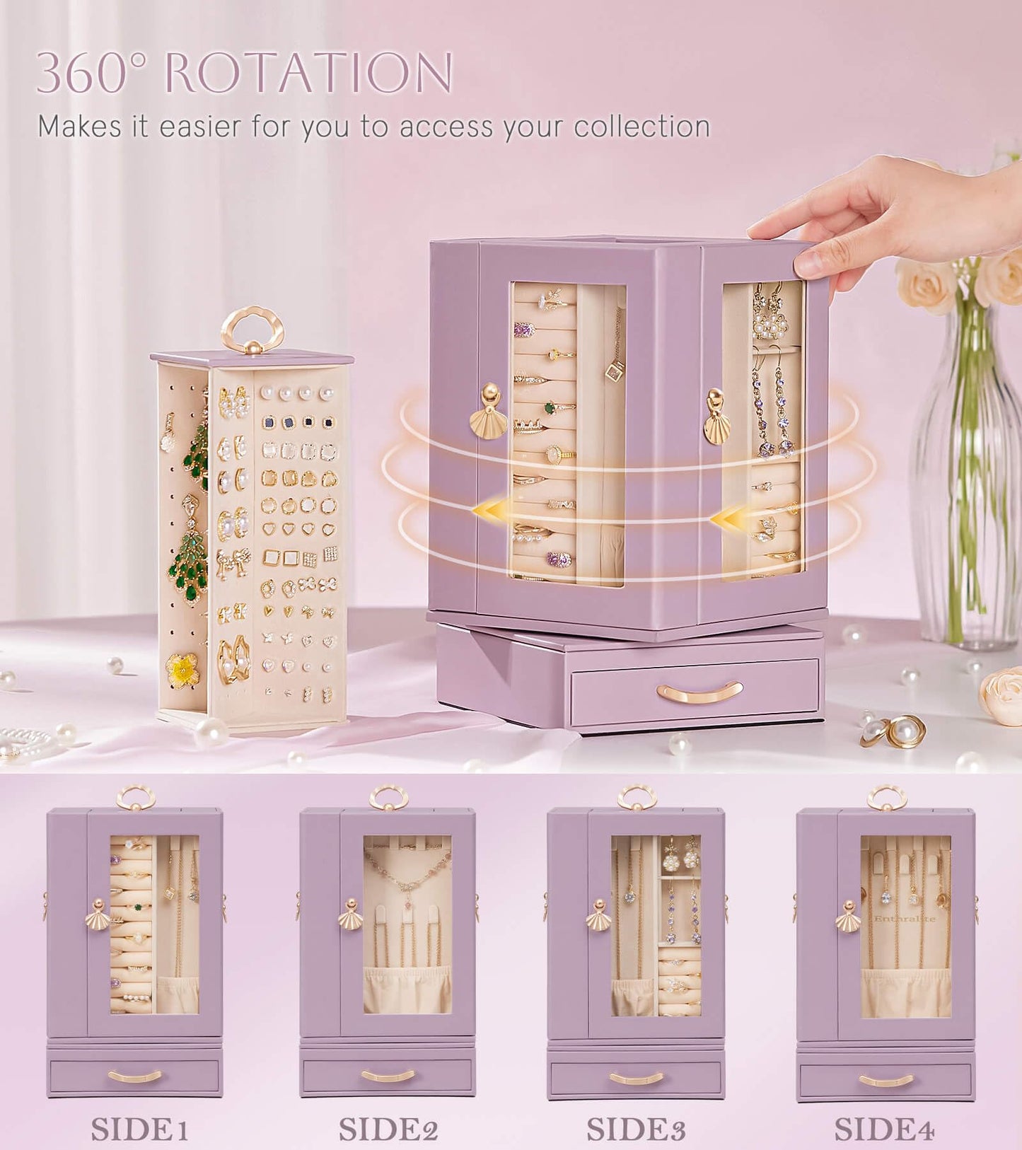 Enthralite Jewelry Box Large for Dresser: Women Necklace Ring Storage Organizer with Compartments - Elegant Earring Holder Display - 360° Rotating Jewelry Organizer with Glass Door