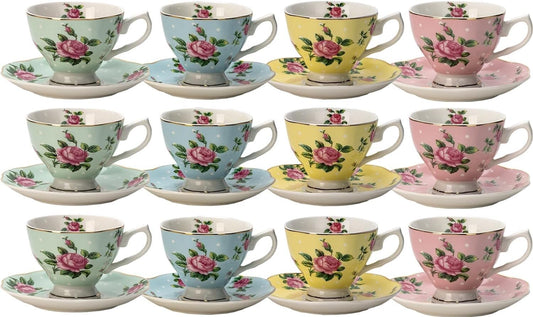 BTaT- Floral Tea Cups and Saucers, Set of 12, 8 oz, Fine Porcelain Teacup Set with Gold Trim for Afternoon Tea, Weddings, Parties & Gifting, Dishwasher Safe, Lightweight, Non-Toxic, Mothers Day Gift