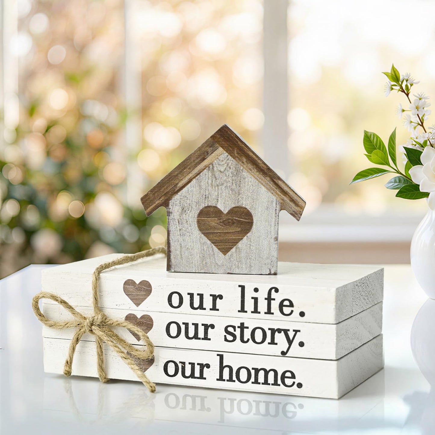 Smile Farmhouse Wooden Tabletop Decor Our Home Our Story Our Famliy Table Centerpiece, Block Sign Tiered Tray Decoration for Kitchen Shelves Desk Mantel