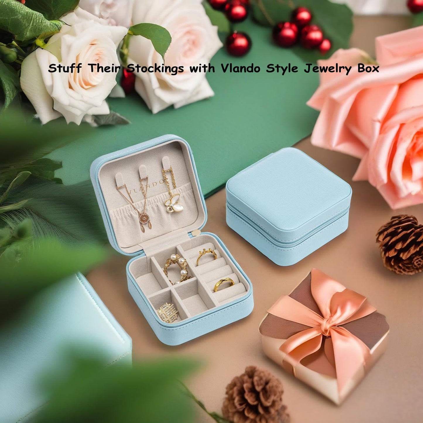 Vlando Small Travel Jewelry Box Organizer Display Case for Girls Women Gift Rings Earrings Necklaces Storage, Blue