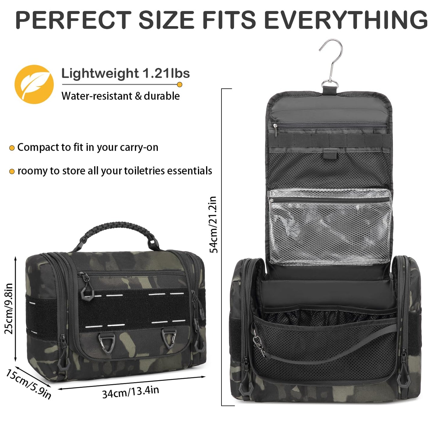 BISKLNDN Tactical Toiletry Bag for Men - Hanging Dropp Kit Mens Toiletry Travel Bag for Toiletries, Traveling & Shaving Kit, Hygiene Bag Shower Bathroom Organizer with Handle & Swivel Hook, Black CM