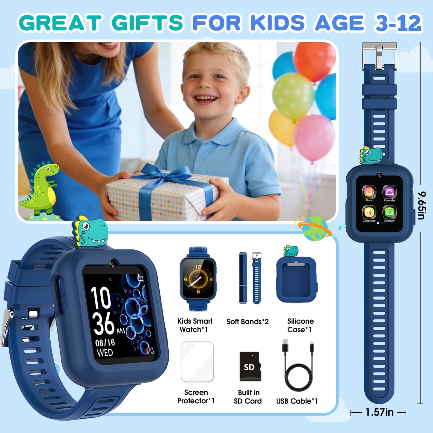 MOFGDNI Smart Watch for Kids with 39 Puzzle Games - HD Touch Screen Kids Watch, Camera, Music Player, Alarm Clock, Calculator, Pedometer, Flashlight, Puzzle Game for 3-12 Year Old Gifts for Boys