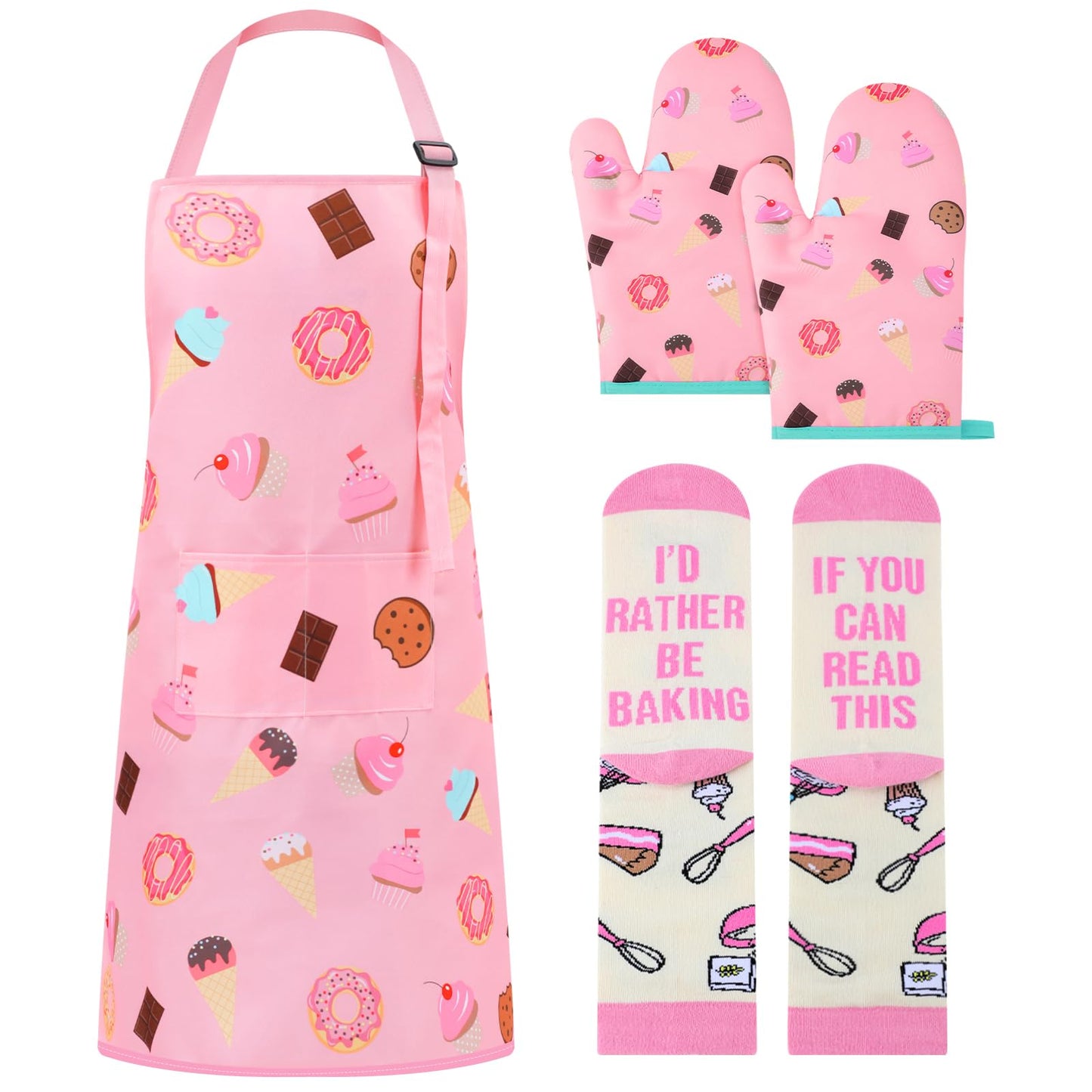 Berlune 4 Pcs Baking Gift Set for Women, Holiday Cooking Apron with Oven Mitts and Baking Socks Funny Gifts for Bakers Cooking Lovers Pastry Chefs Birthday Christmas Kitchen Supplies