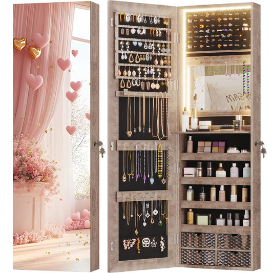 Vlsrka 47.2 Inch Full Length Mirror with Storage, Wall Mount Mirror Jewelry Cabinet, Over The Door Hanging Jewelry Armoire Organizer, Built-in Light, 4 Drawers, 5 Shelves, Christmas Gift (Wood)