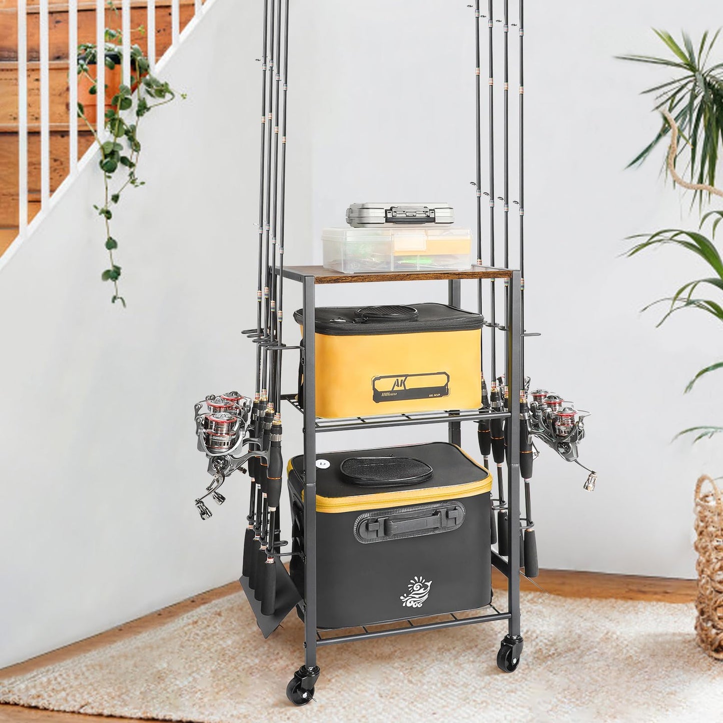 Olakee Fishing Rod Holder Cart for Garage & Home – Rolling Fishing Pole Organizer with Wheels, Holds 8 Rods, Tackle Storage Rack for Entryway, Corner, Gift for Men & Dad Anglers