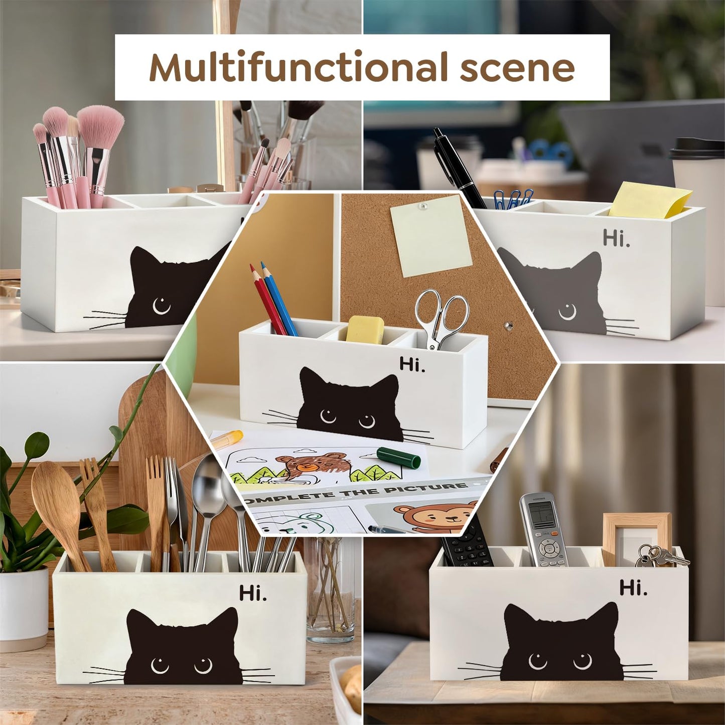 ELMCH Hi Black Cat Pen Pencil Holder Organizer for Desk, Black Cat Mom Lady Lovers Owner Gifts, Personalized Wooden Box Sign Desk Decor for Home Office Library Accessories