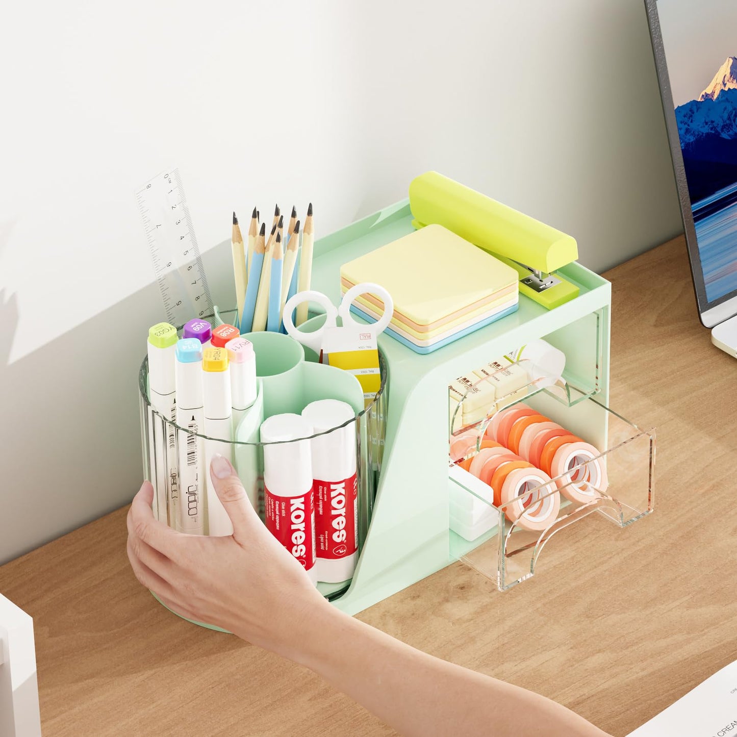 Marbrasse Desk Organizer with 2 Drawer, 360°Rotating Pen Holder, Desk Organizers and Accessories with 6 Slots Pencil Holder + 2 Drawer, Art Supply Storage Box Caddy for Office (Green)