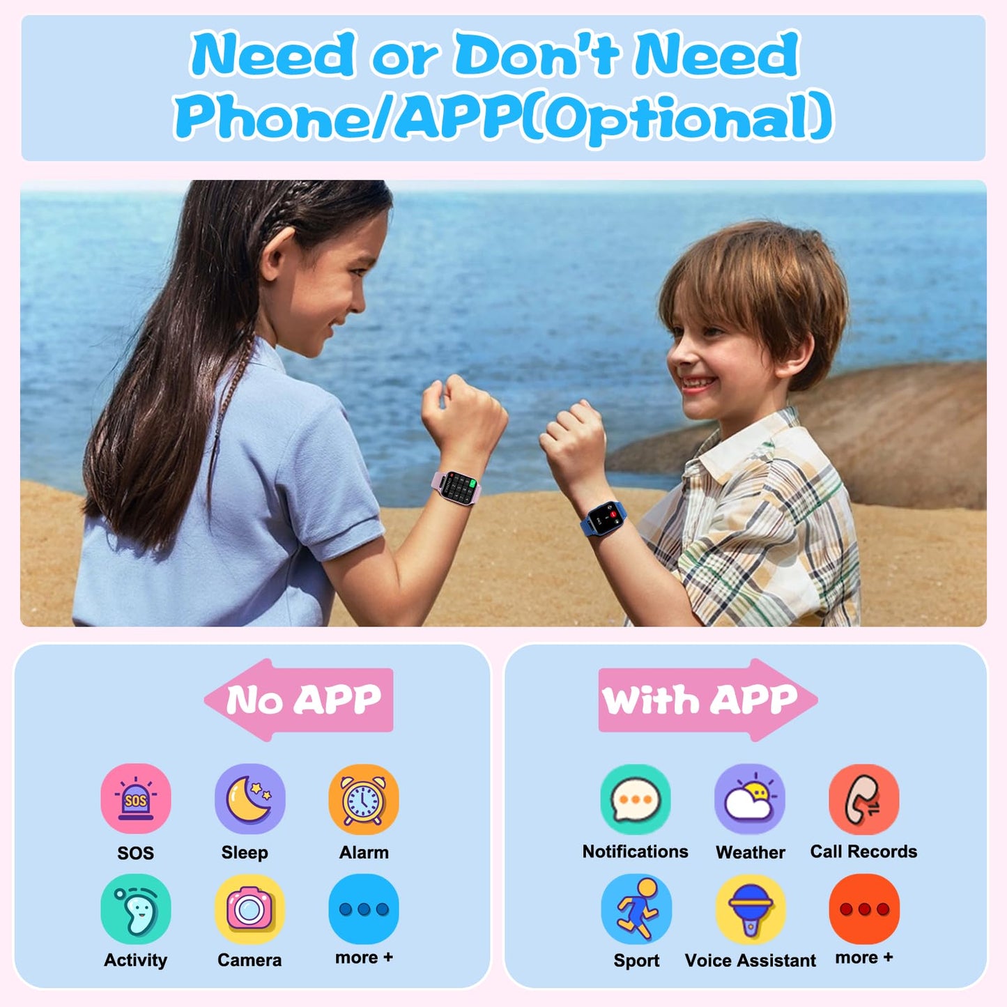 Smart Watch for Kids, 1.85" Fitness Tracker with Heart Rate, Sleep Monitor, IP68 Waterproof Smartwatches with Video Music, Pedometer, Game, NO APP/Phone, Gift for Boys Girls. (Classic, Pink)