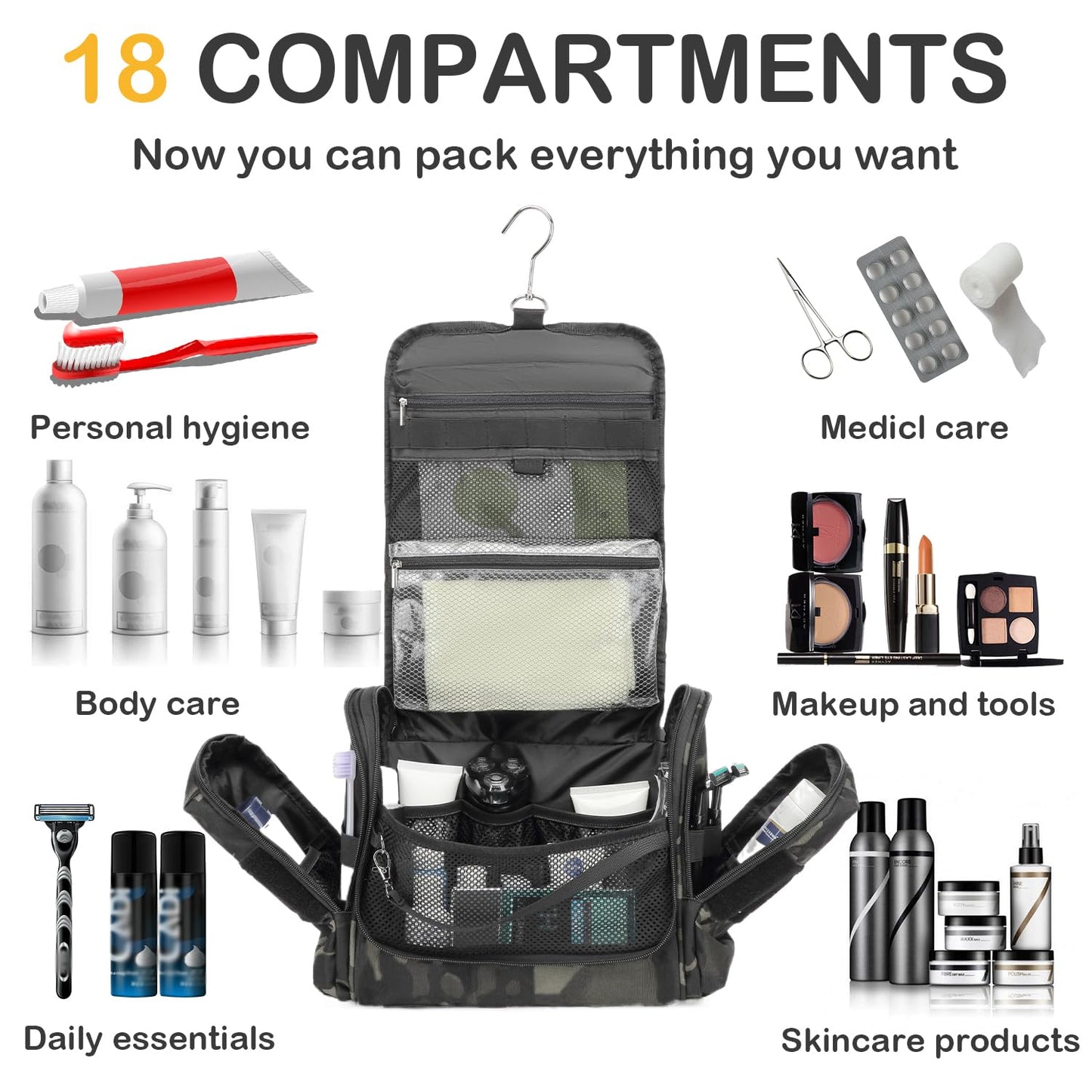 BISKLNDN Tactical Toiletry Bag for Men - Hanging Dropp Kit Mens Toiletry Travel Bag for Toiletries, Traveling & Shaving Kit, Hygiene Bag Shower Bathroom Organizer with Handle & Swivel Hook, Black CM